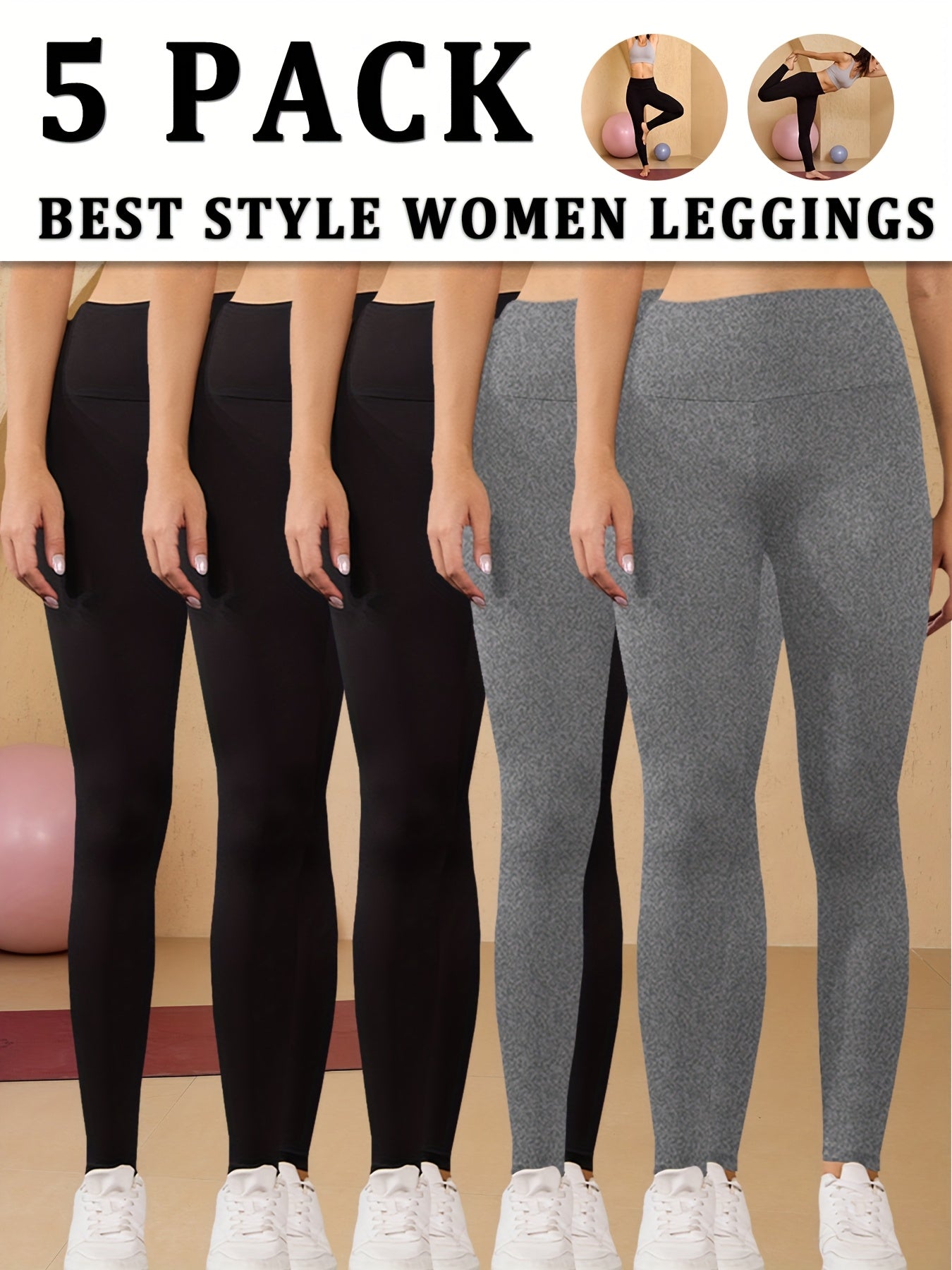 5 Pack Women's High Waisted Tummy Control Yoga Leggings - Full Coverage Solid Color Workout Pants, No See-Through, Opaque All-Season Gym Running Pants with Soft Stretch Fabric (5pcs Bulk Pack)