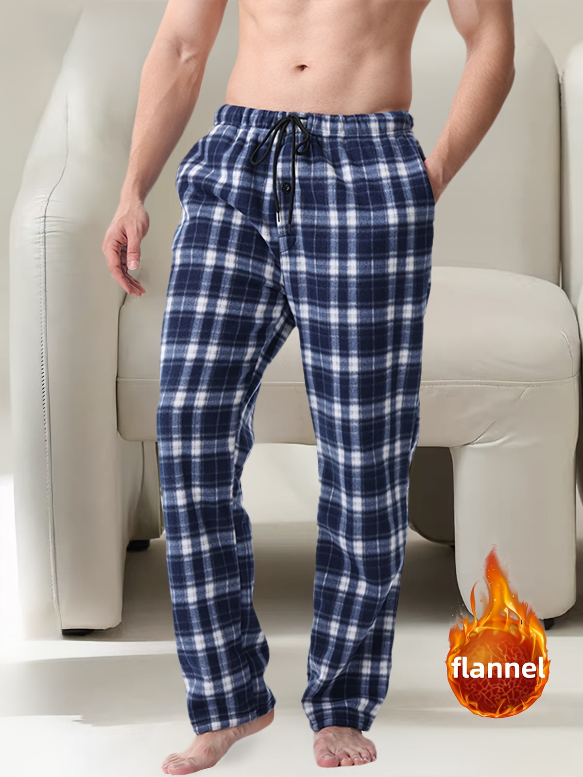 3pcs Men'S Brushed Fleece Flannel Pants with Checkered Print, Elastic Waistband & Side Pockets - Relaxed Fit Winter Sleepwear & Loungewear, Red/Black/White Plaid Design, Soft Warm Pajamas for Home, Casual Outfits, Versatile f