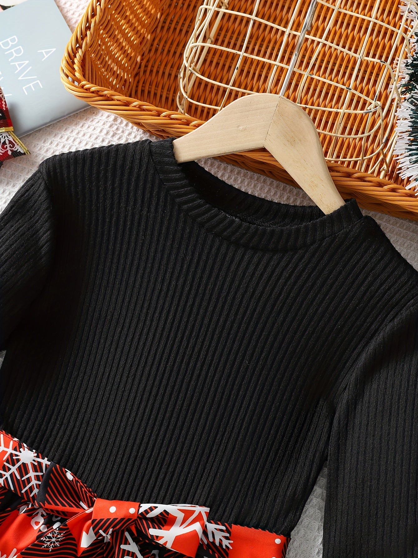 Girls' Festive Christmas Plaid Red Dress with Snowflake Print - Casual A-Line Skirt with Belt, Black & Red Check Pattern, Long Sleeves, Perfect for Fall/Winter Celebrations, Casual Winter Wear | Belted Waist Dress | Comfortab