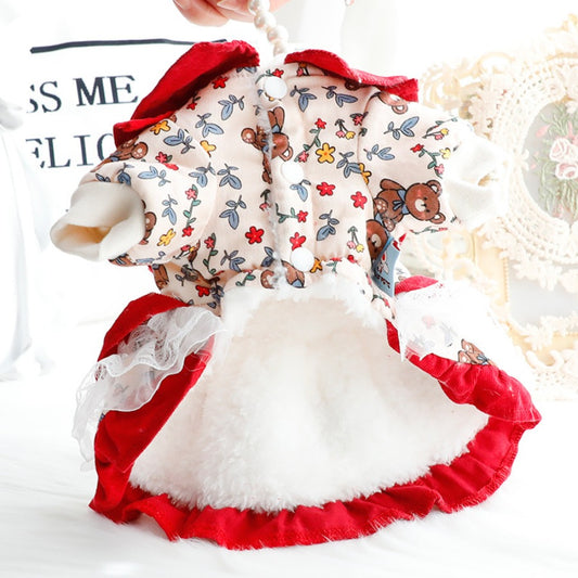 Fleece-Lined Warm Winter Princess Dress, Suitable for Small Dogs And Cats - Red And White Ruffled Lolita Style Pet Clothing, Featuring Poodle Trim, Ideal for Pomeranians, Chihuahuas, Shih Tzus, Pomeranians, And Yorkshire Terr