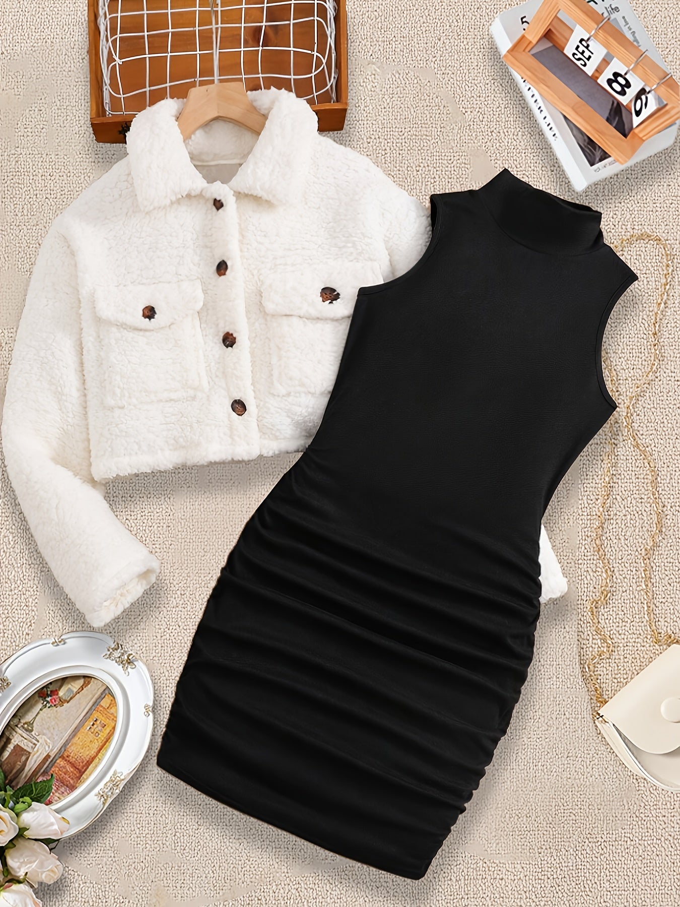 Two-Piece Button Pocket Lapel Fleece Coat with Black High Neck Sleeveless Dress, Trendy Casual Set for Young Girls, Perfect for Parties and Casual Events, for Outdoor, For Teenager