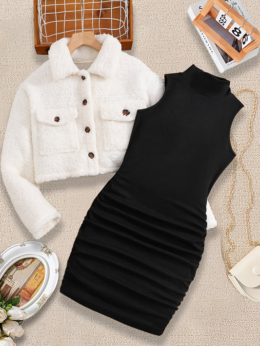 Two-Piece Button Pocket Lapel Fleece Coat with Black High Neck Sleeveless Dress, Trendy Casual Set for Young Girls, Perfect for Parties and Casual Events, for Outdoor, For Teenager