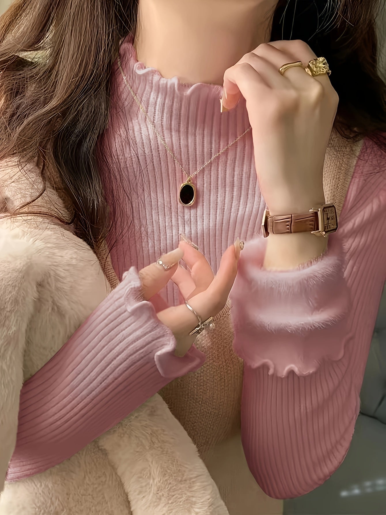 Solid Color Autumn Winter Early Spring Half High Neck Ruffle Fleece Lined Knit Sweater