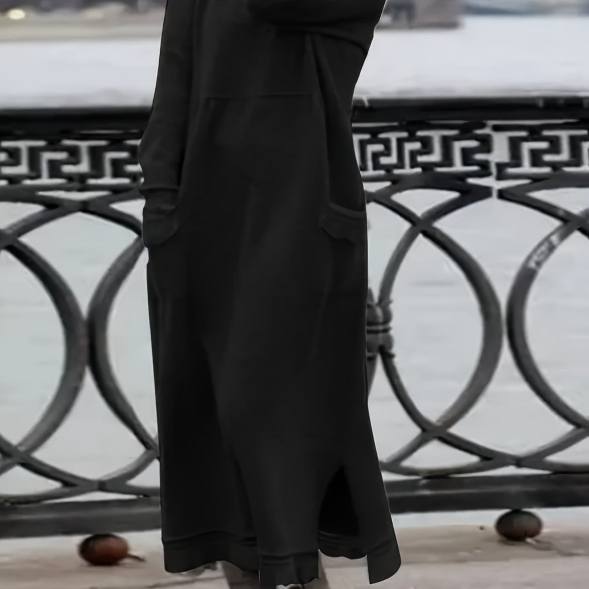 Plus Size, 2025 Autumn New Women's Loose Fit Plus-Size Lace Long Skirt with Velvet Hoodie - Casual Round Neck Long Sleeve Solid Color Dress, Pockets & Hand Wash/Dry Clean, Cozy Fall Winter Outfit