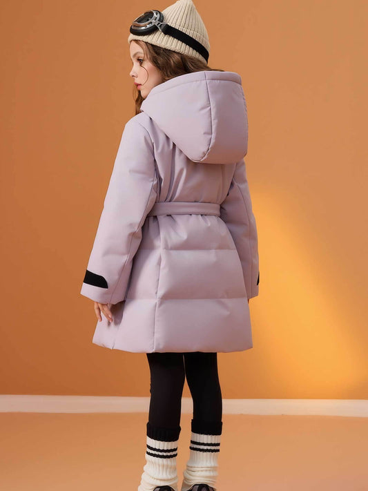 Girls' Thickened Winter Coat with Hood & Belt - Mid-Length Warm Jacket, Loose Fit Full-Zip Outerwear, Soft Pastel Purple, Insulation for Skiing, Winter Jacket For Girl, Winter Coat For Girl, Girl Winter Jacket, Girl Winter Co