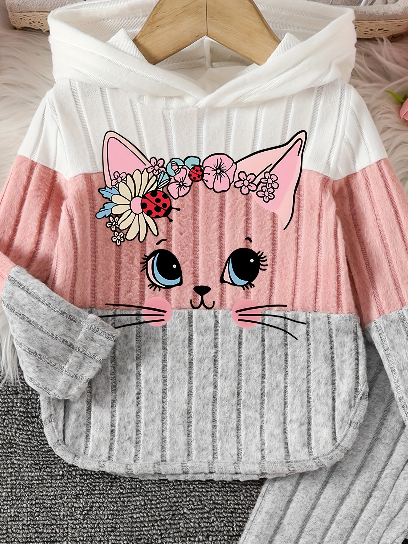 2pcs Girls' Winter Warm Hooded Sweater & Pants Set - Soft Pastel Pink & Color Block Outfit with Heart & Cat Face Appliques, Long Sleeve Pullover & Joggers, for Outdoor, Casual Attire (machine Washable)