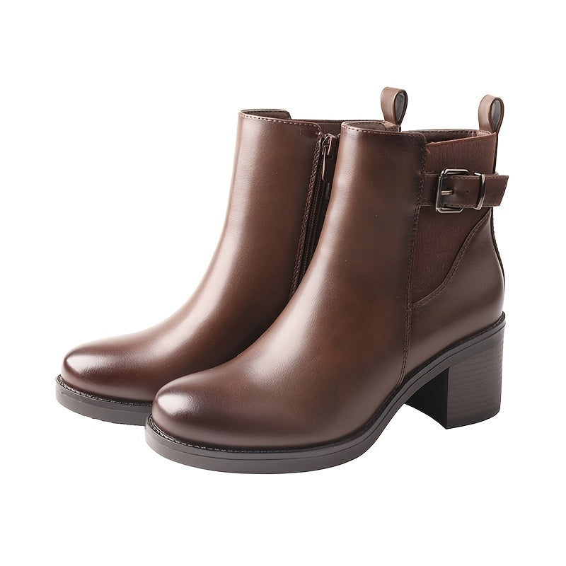 TMA EYES Women’s Chunky Heel Ankle Boots with Buckle Strap & Side Zipper - Stylish Brown Faux Cover Booties for Casual Wear, Mid-Height Design, Round Toe, All-Season Comfort, Comfortable Walking | Round Toe Booties | Polish