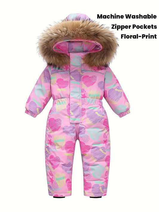 Kids' Winter Ski Suit - Full-Zip Hooded Snowsuit with Duck Down Insulation, Floral Print & Zipper Pockets, Warm Polyester Jacket for Boys & Girls, Adjustable Hood & Full-Zip Closure, Machine Washable Outerwear for Skiing