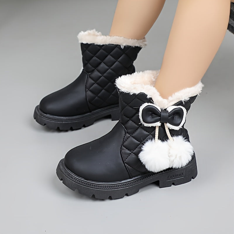 Girls' Winter Boots - Slip-On Mid-Calf Snow Boots with Plush Lining, Non-Slip Rubber Sole - Cute / Brown/ - Warm Winter Shoes for School, Playdates, Thick, Winter Boots For Girls, School Footwear, Playdate Footwear, Durable F