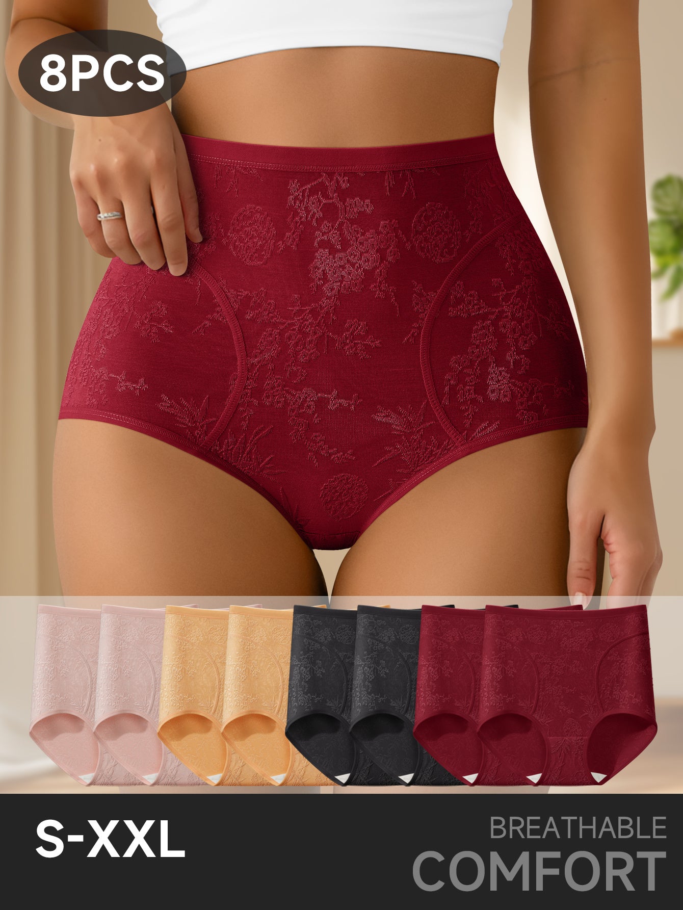 8pcs Women'S High-Waisted Jacquard Triangle Underwear with a High Waist Design. The Style Is Highly Form-Fitting And Closely Adheres to The Body'S Curves, Providing a Comfortable And Non-Restrictive Feeling. It Is Suitable fo