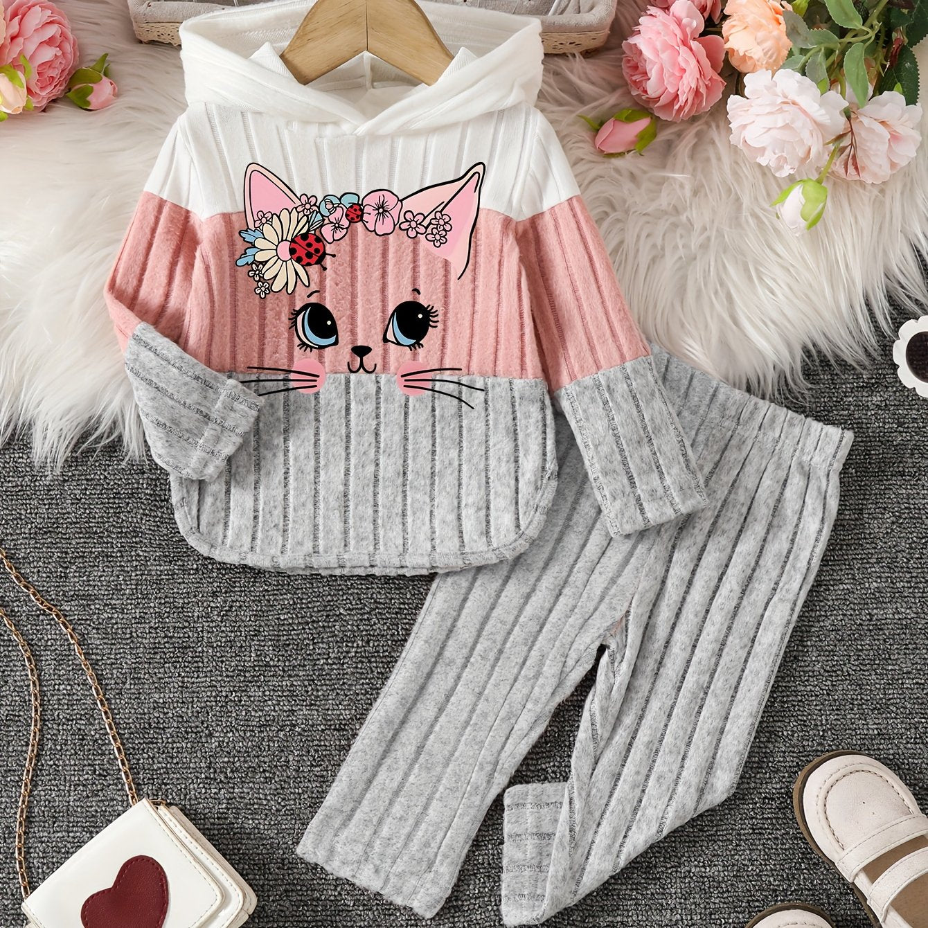 2pcs Girls' Winter Warm Hooded Sweater & Pants Set - Soft Pastel Pink & Color Block Outfit with Heart & Cat Face Appliques, Long Sleeve Pullover & Joggers, for Outdoor, Casual Attire (machine Washable)
