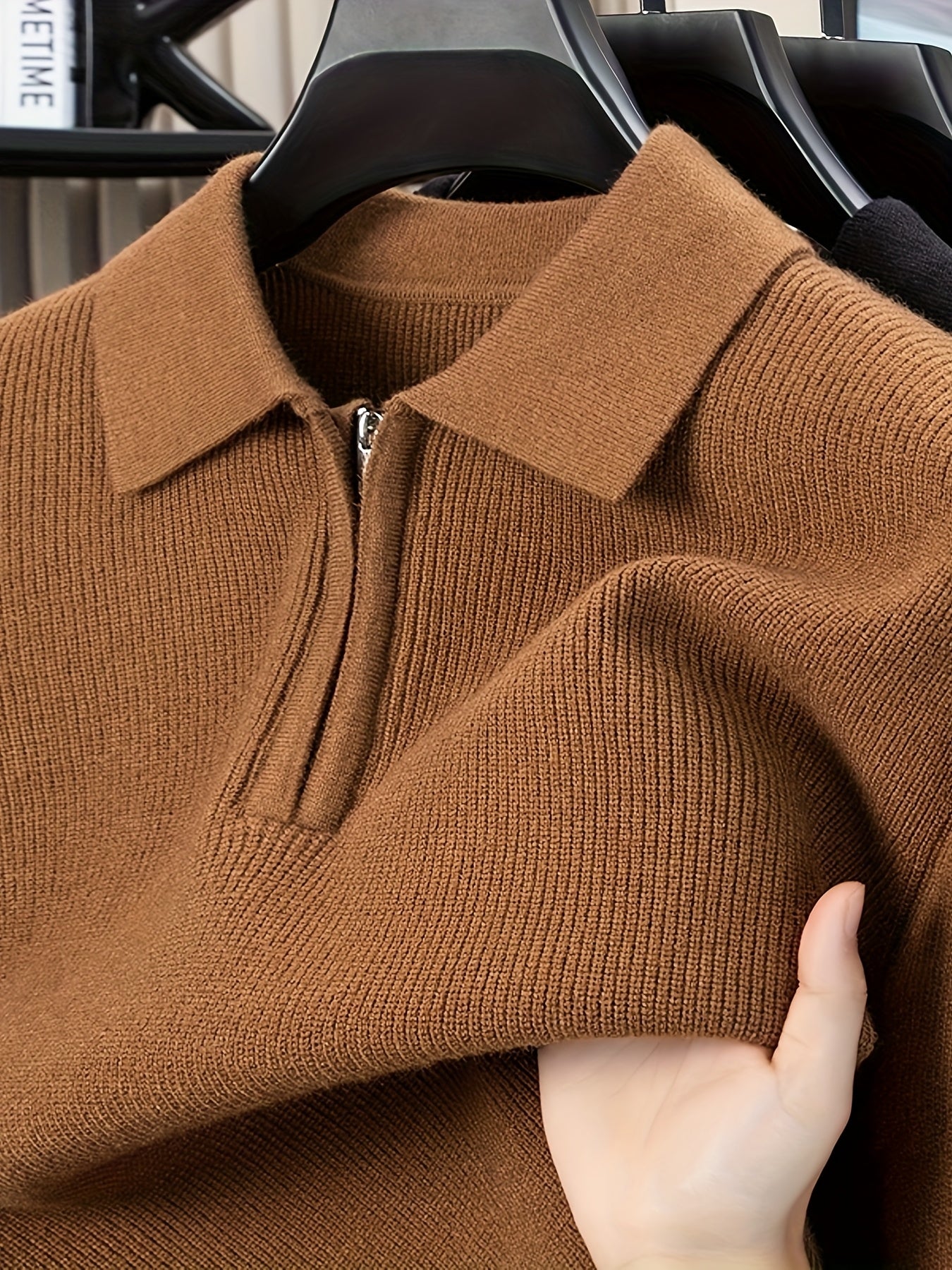 Men'S Heavyweight Thick Sweater - Slim-Fit Long Sleeve Winter Warmth, Square Neck & Drop Shoulder Design, Solid Brown/Red Elegant Knitwear, Durable Half-Zip Front Closure, Casual & Formal Office Wear, High-Stretch Fabric for