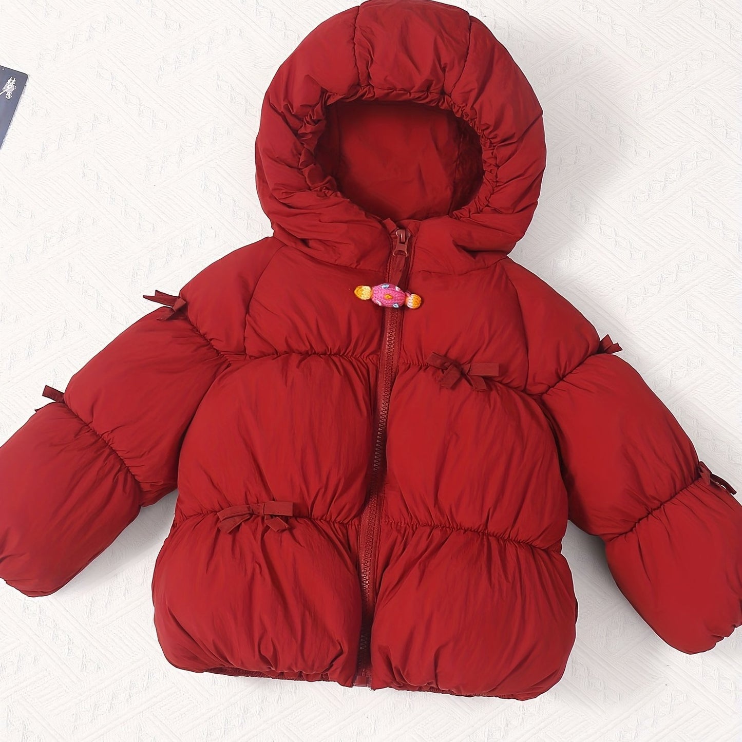 Girls' Winter Warm Hooded Jacket with Heart & Bow Accent - Cute Red Coat, Full-Zip Front Closure, Soft Polyester, Cozy Fall/winter Outerwear For Everyday & Special Occasions, Winter Clothes For Girls, Fall Winter Wear, Playfu