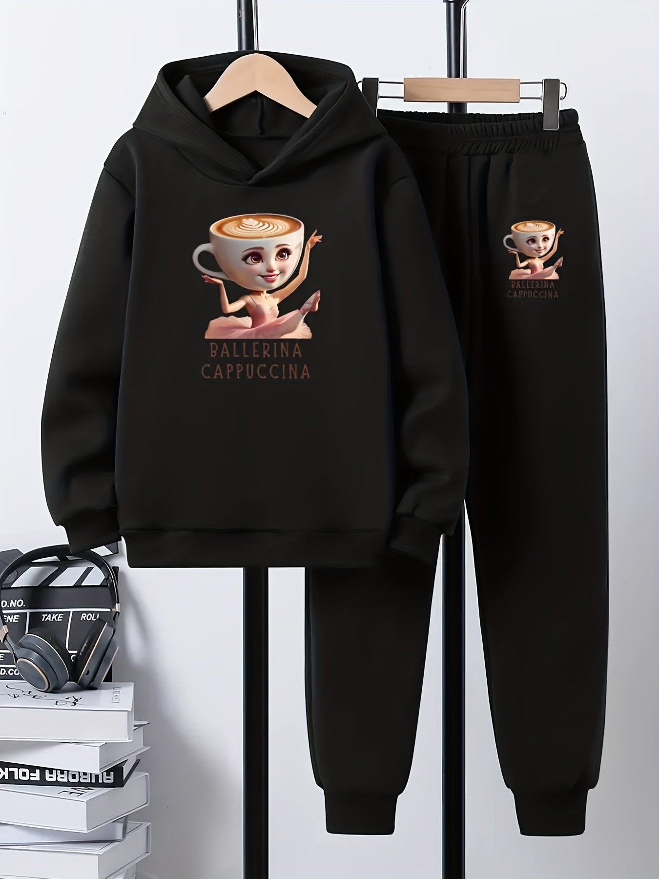 2pcs Boys' Italian Brainrot Cappuccino Ballerina Pattern Hoodie and Jogger Set - Comfortable Loose Fit Sweatshirt with Matching Printed Ballet Dancer Pants, Machine Washable Autumn/Winter Casual Wear, Suitable for School and