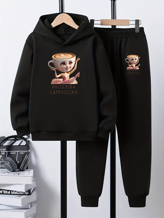 2pcs Boys' Italian Brainrot Cappuccino Ballerina Pattern Hoodie and Jogger Set - Comfortable Loose Fit Sweatshirt with Matching Printed Ballet Dancer Pants, Machine Washable Autumn/Winter Casual Wear, Suitable for School and