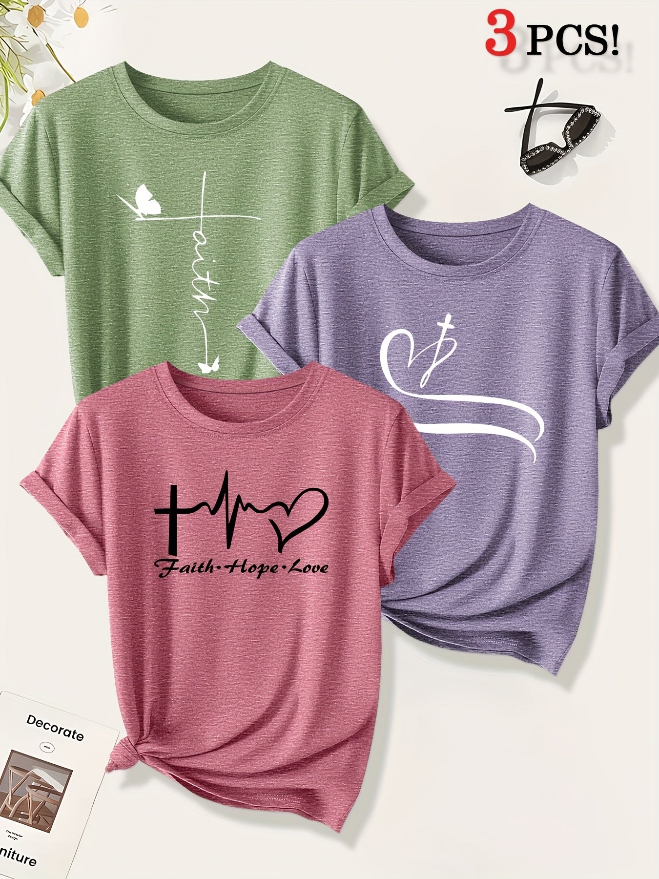 [Christian Cross T-Shirts] A Set of Three Women's Christian Cross Pattern Short-Sleeve T-Shirts Featuring Crosses, Hearts, And Butterfly Prints, Perfect for Casual Summer Wear. Stylish, Elegant, And Versatile, Available in Mu