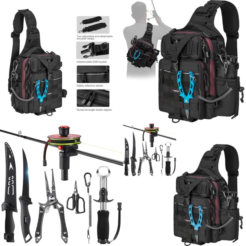 Fishing Tackle Bag with Rod and Gear Holder Lightweight Sling Tackle Storage Bag 6pc Fishing Tool Kit