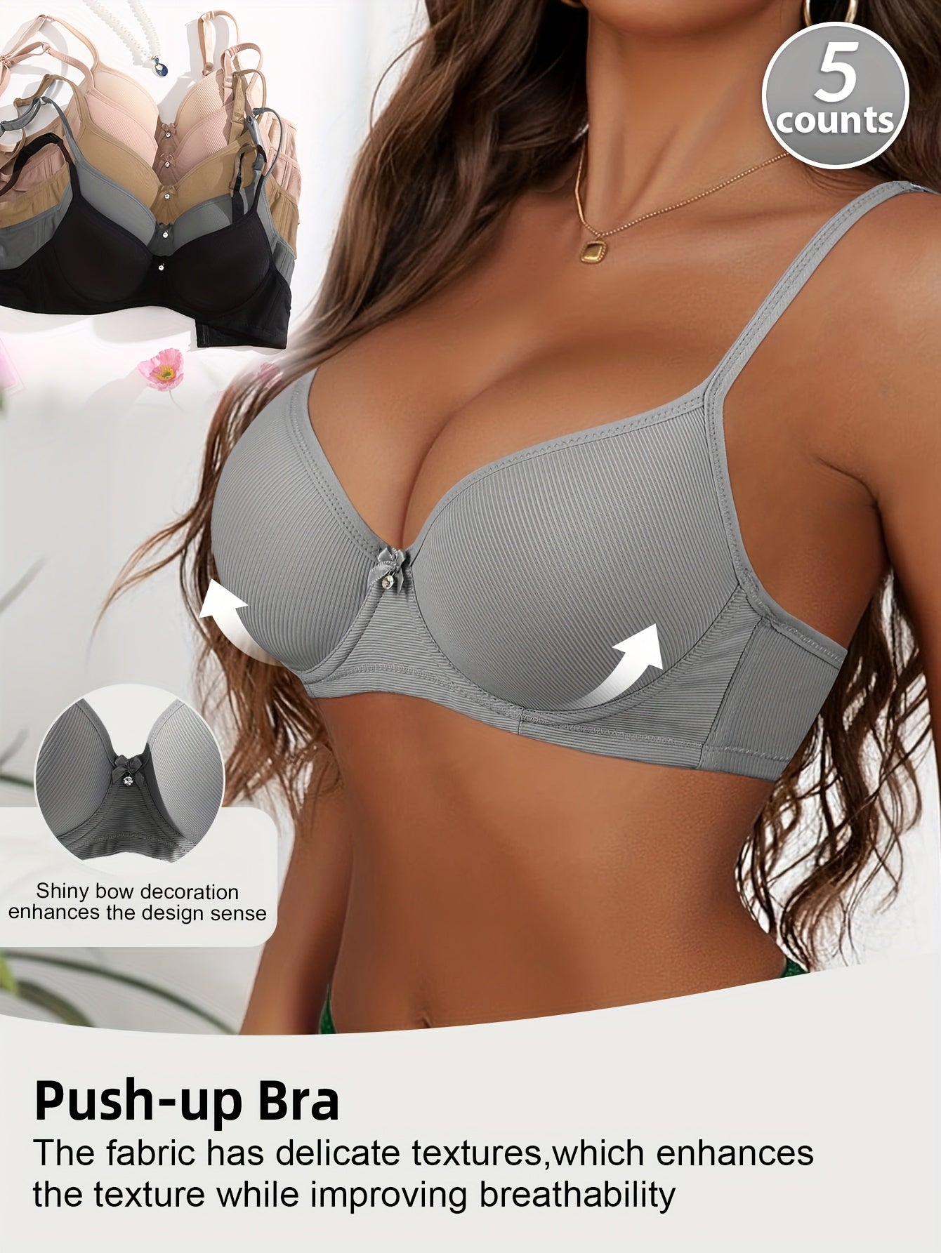 5pcs Women's Autumn/winter Smooth Seamless Push-up Bra, Makes Small Breasts Appear Larger/ Prevents Sagging In Medium Breasts, Adjustable Thin Shoulder Straps, Comfortable Soft Underwire Bra for Daily Commutes (5 Colors, One-
