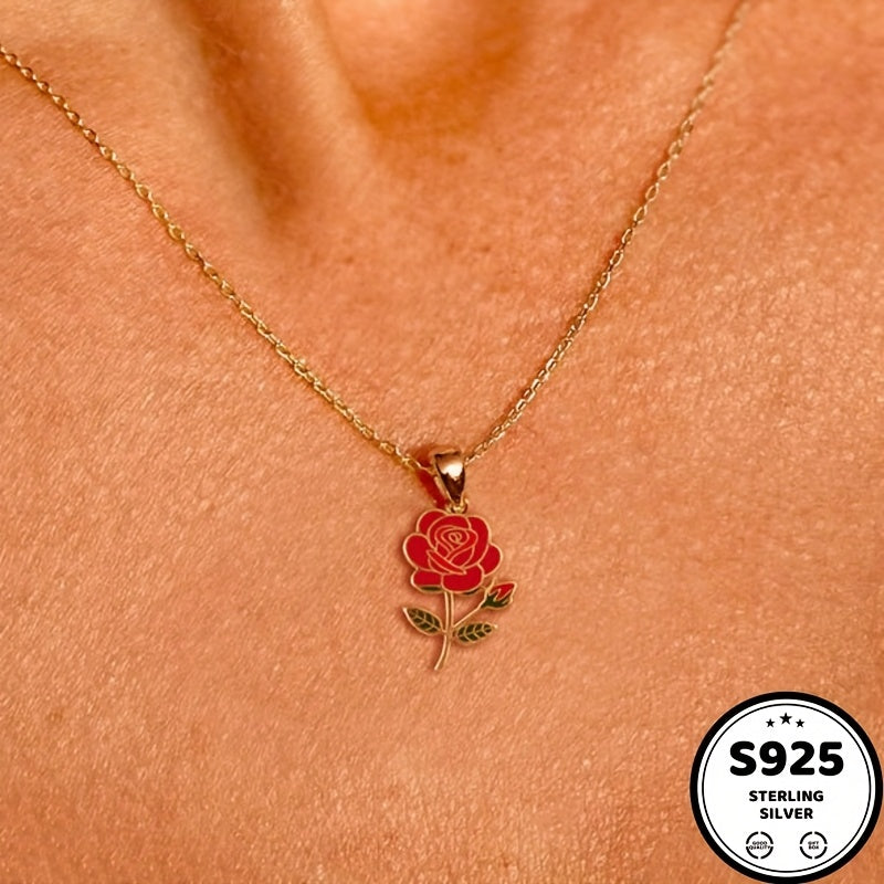 925 Sterling Silvery Red Rose Pendant Necklace, 18K gold plated 18K gold plated-plated Teenager'S Necklace, Chain, Waterproof, Sweat-proof, Inlaid With Synthetic Synthetic Zircon, Daily Wear, Holiday, Birthday, Anniversary