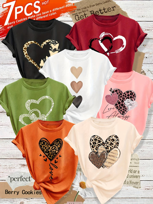 [Fashion Retro Style T-Shirt] 7pcs Set Women's Casual Sportswear - Simple Clear Line English Heart Series Pattern Print Fashion Retro Style Round Neck Short Sleeve T-Shirt, Available in Multiple Colors S-XXL