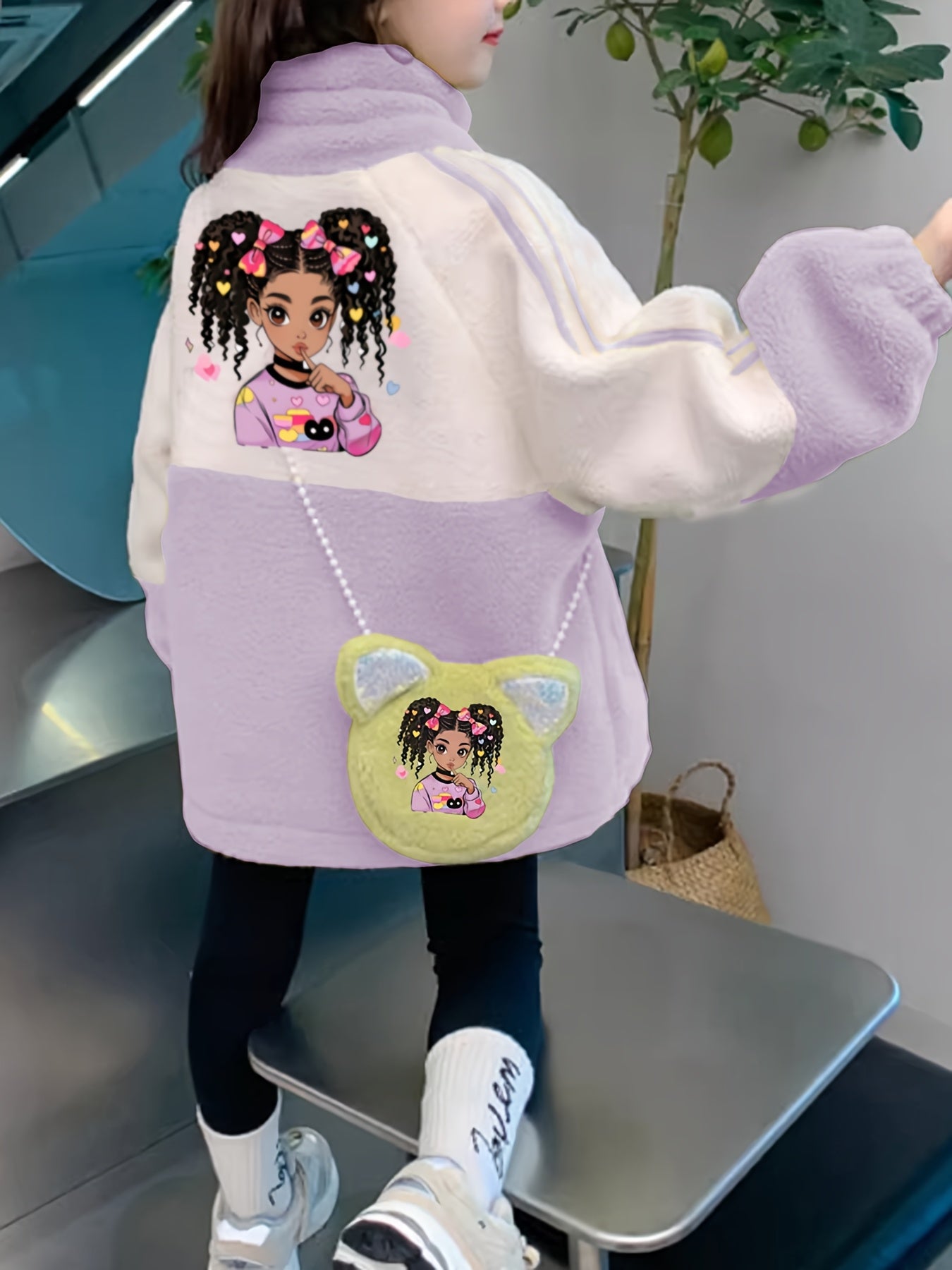 Girls' Winter Coat with Heart & Bunny Face - Soft Fleece-Lined Zipper Front, Loose Fit Long Sleeve Outerwear, Cute Cartoon Character Design for Halloween & Everyday