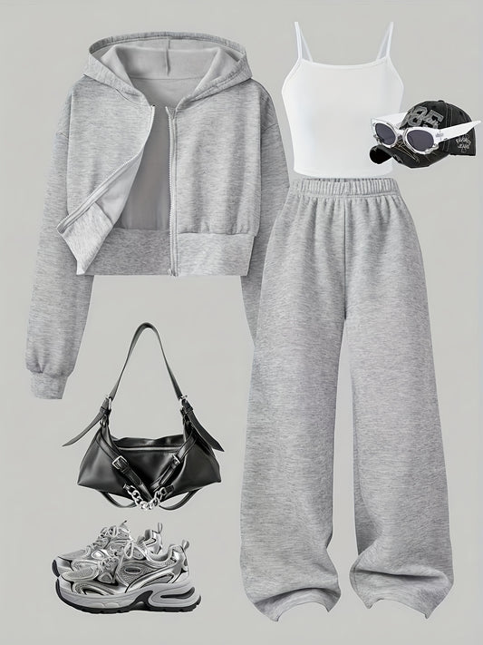 Girls' Casual Sportswear Three-Piece Set, Fleece-Lined Hooded Zip-Up Shirt, Tank Top & Loose Pants for Daily Wear, Commuting, School, for Outdoor, For Teenager, School Outfit, For Teenager Clothing, For Teenager Fashion, For