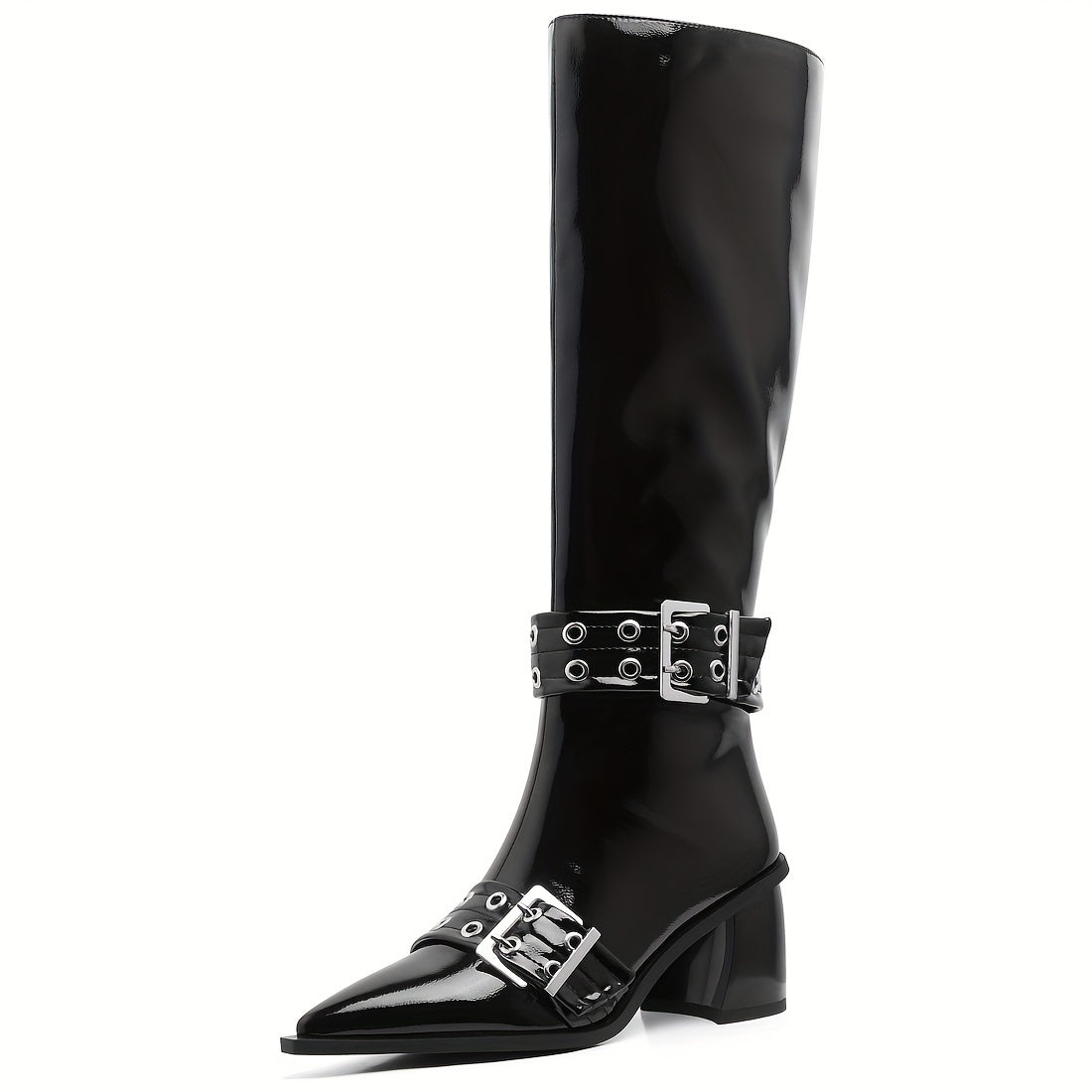 Women's Retro Buckle Strap Pointed Toe Chunky Mid-Calf Boots - Glossy Black PU Cover, All-Season Versatile Ankle Boots with Zipper Closure & Rubber Sole for Casual & Formal Outfits, Allseason Boots | Buckle Strap Detail | Zip