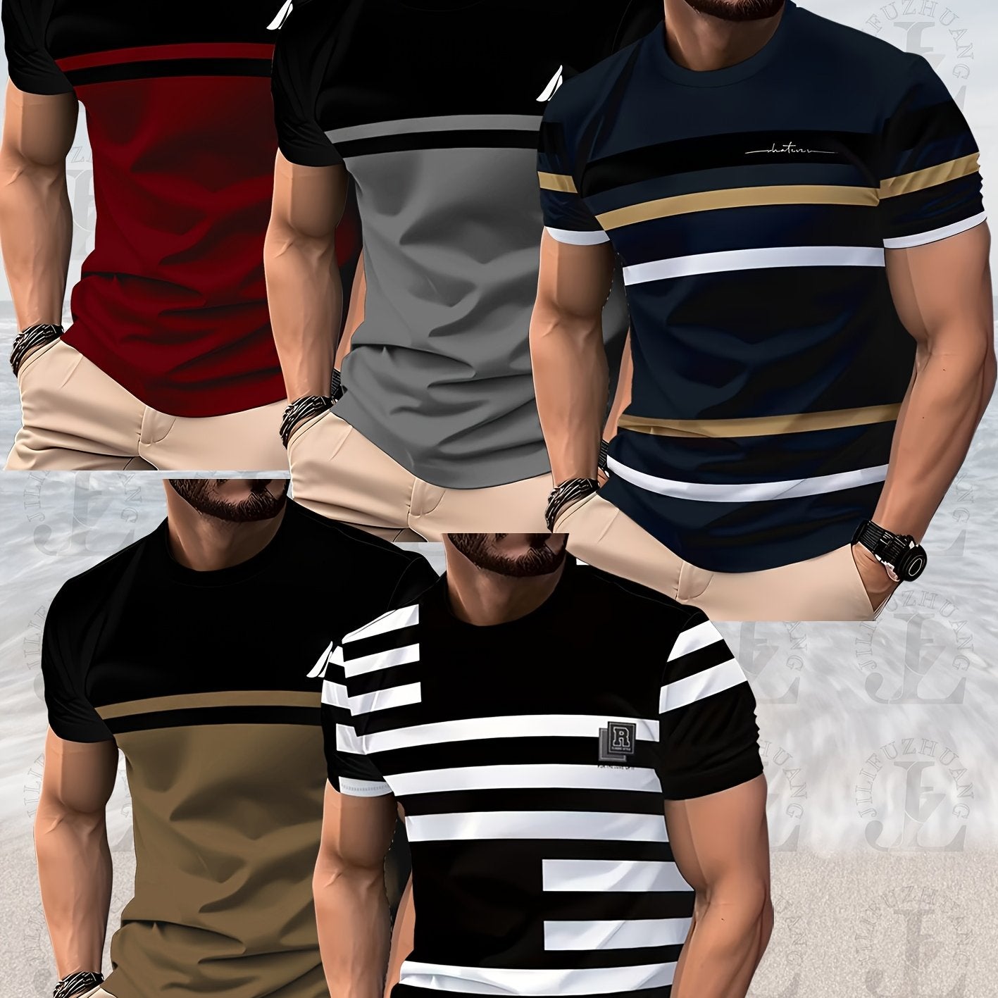 5pcs Set Fashion Color Block Digital Print Men's T-Shirt