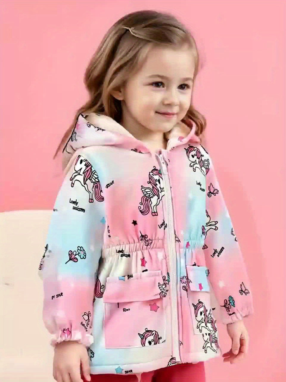 [Girls' Winter Jacket] Girls' Winter Fleece-Lined Hooded Jacket with Unicorn & Butterfly Print - Pink to Blue Ombre Design, Warm & Cozy Outerwear for Toddlers, Machine Washable Polyester, Girls Jacket