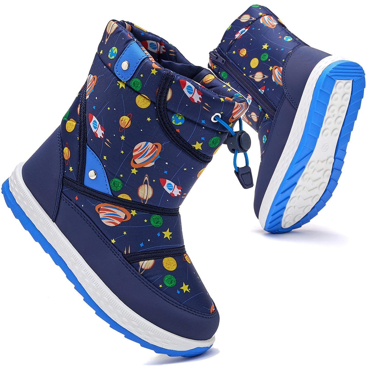 DACLAY & All-Season High-Top Snow Boots with Space-Themed Rocket & Planet Design, Zipper & Buckle Closure, Warm PU/Fabric Upper & Lining, All-Terrain Traction for Outdoor Play,, Winter - Unisex ' Winter Shoes, Snow Boots, Sno