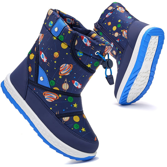 DACLAY & All-Season High-Top Snow Boots with Space-Themed Rocket & Planet Design, Zipper & Buckle Closure, Warm PU/Fabric Upper & Lining, All-Terrain Traction for Outdoor Play,, Winter - Unisex ' Winter Shoes, Snow Boots, Sno