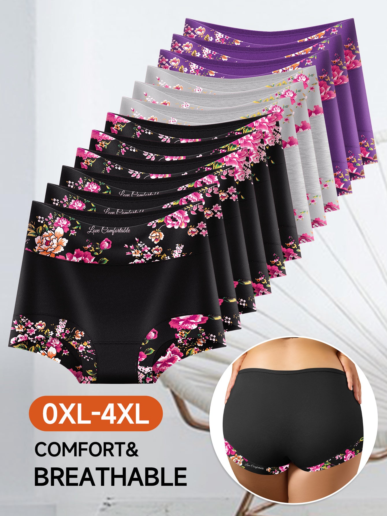 12pcs Women'S High Waisted Plus Size Underwear with Romantic Printed Design, Breathable And Not Constricting, Comfortable Base Layer Triangle Pants
