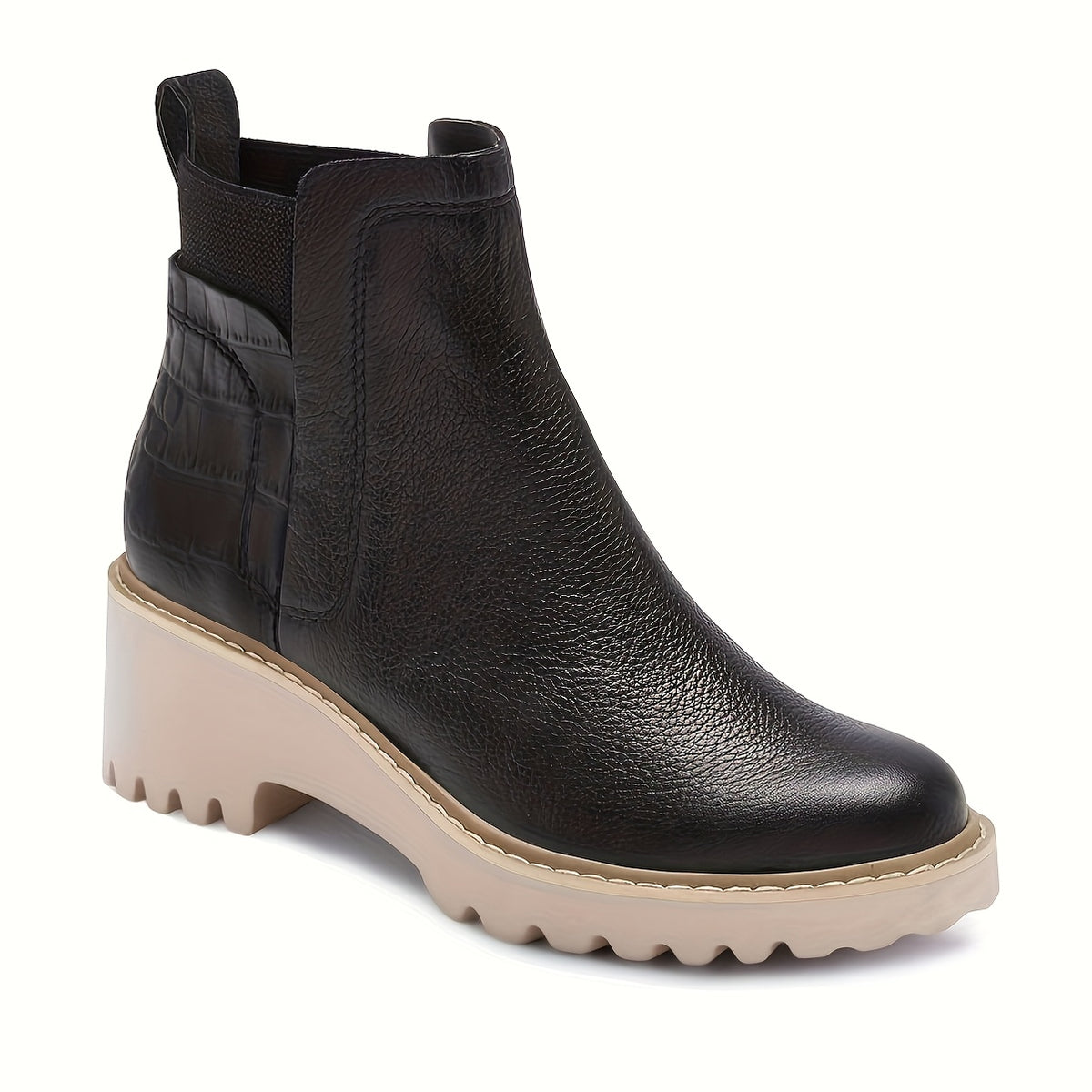 Women's Chunky Heel Boots - Slip-On Ankle High, Non-Slip Cover Cover, Thick Sole, Round Toe, Beige, Fashionable Short Boots for Casual Attire, Semiformal Boots | Modern Boots | Suedelike Boots