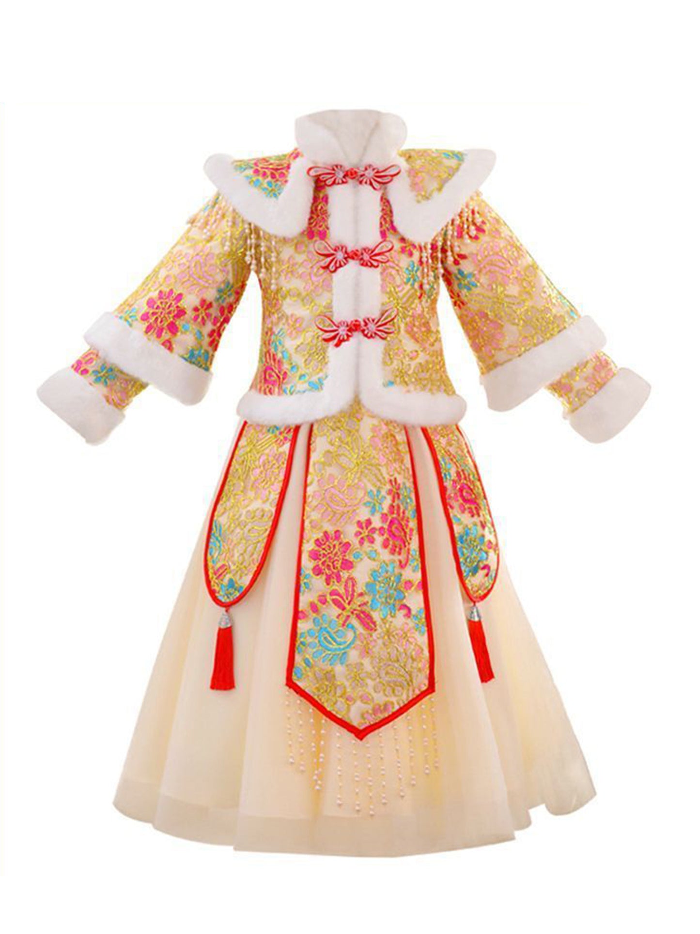 Girls' Traditional Chinese New Year Dress - Winter Warm Fleece-Lined Princess Dress with Tassel Hem, Vibrant Red & Golden Geometric Pattern, Zipper Closure, All-Season Elegant Party Outfit for Lunar New Year Celebrations