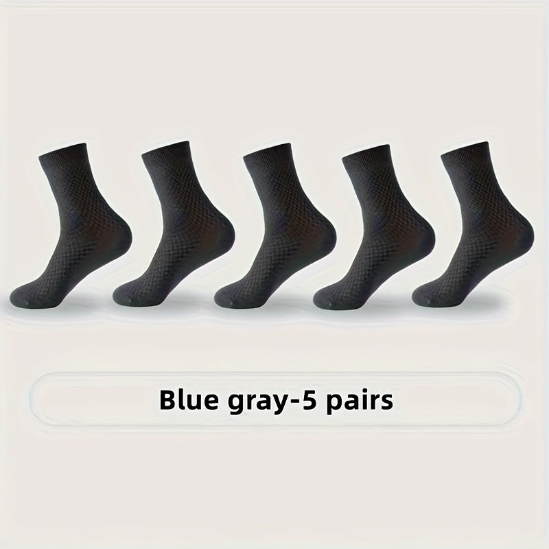 [Breathable Bamboo Socks] 5 Pairs Bamboo Fiber Men's Mid Tube Socks | Breathable Business Casual Formal Socks, Double Needle Dark Square Pattern