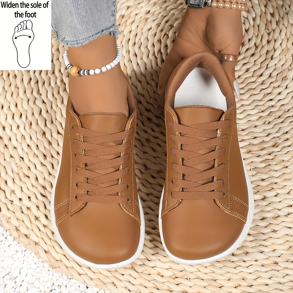[Casual Sneakers] Four Seasons New Fashion Minimalist Women's Casual Sneakers With Front Lace-Up, Extra Wide And Comfortable Large Size Barefoot Shoes, Women Shoes