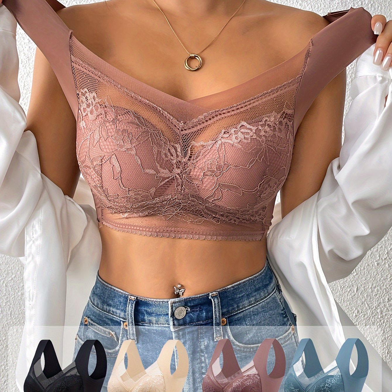 [4pcs Lace Bra] 4pcs Mixed Color Women's Lace Underwear | Daily Bra, No Steel Ring