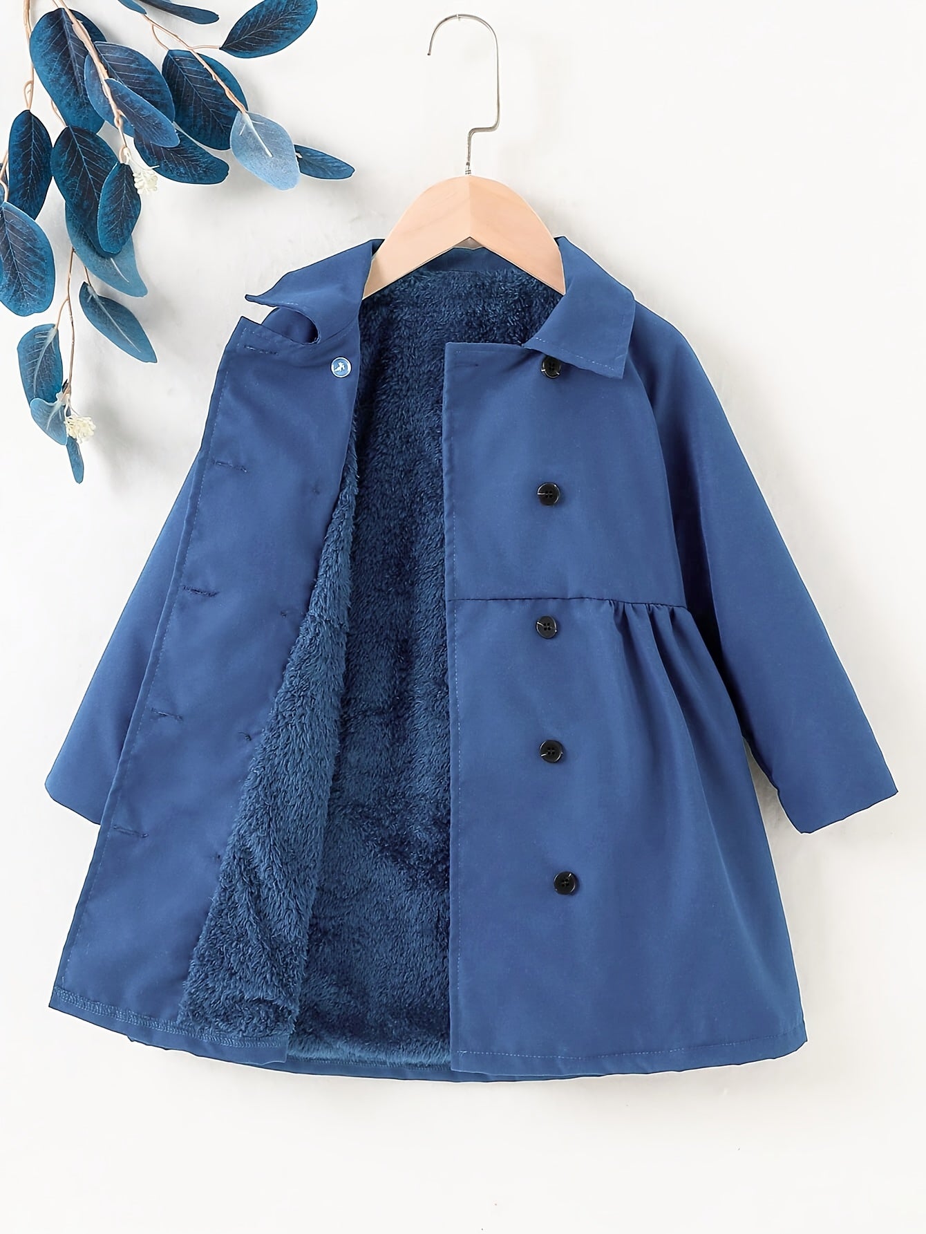 Girls' Cozy Fleece-Lined Double-Breasted Jacket - Solid Color Long Sleeve Casual Coat with Lapel Collar, Button Front & Side Pockets for Fall/Winter Outdoor Play, Hiking & Casual Attire, Hiking Apparel, Durable Outerwear, Gir