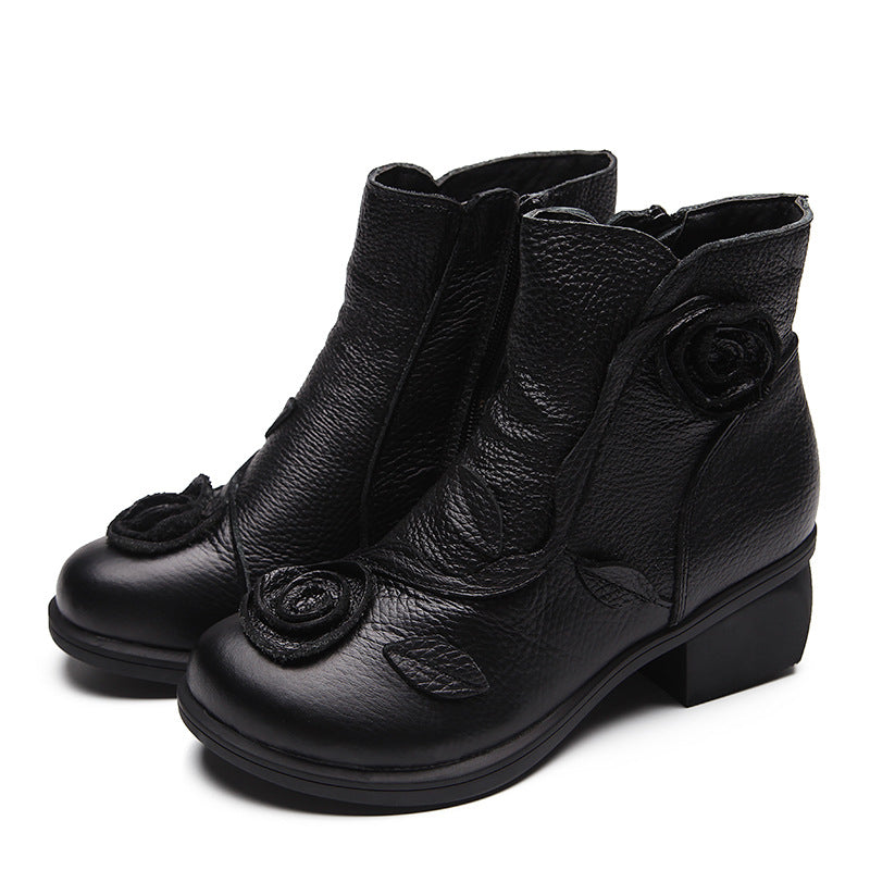 Women'S Genuine Leather Chunky Mid-Heel Ankle Boots with Hand-Stitched Floral Design - Round Toe Zipper Closure, Retro Western Style, Plush & Cushioned Insole, Red/ Colorway, Durable Rubber Sole - Hand Washable Winter Boots f