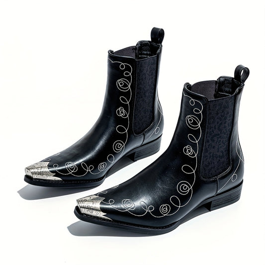 Men's Slip-On Iron-Toed Cowboy Boots with Imitation Leopard Print & Elastic Band - Low Heel Western Chelsea Boots, Pointed Toe & Round Sole for Weddings, Parties, Business - All-Season Comfortable Booties