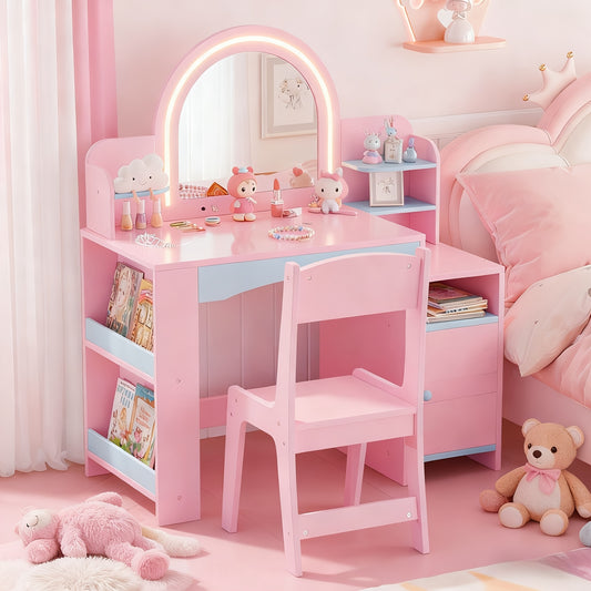 Kids Vanity with Lights, Princess Makeup Vanity Desk with Open Bookshelf, Storage Cabinet & Shelves, 2 in 1 Vanity Table & Chair Set with Lighted Mirror for Little Girls