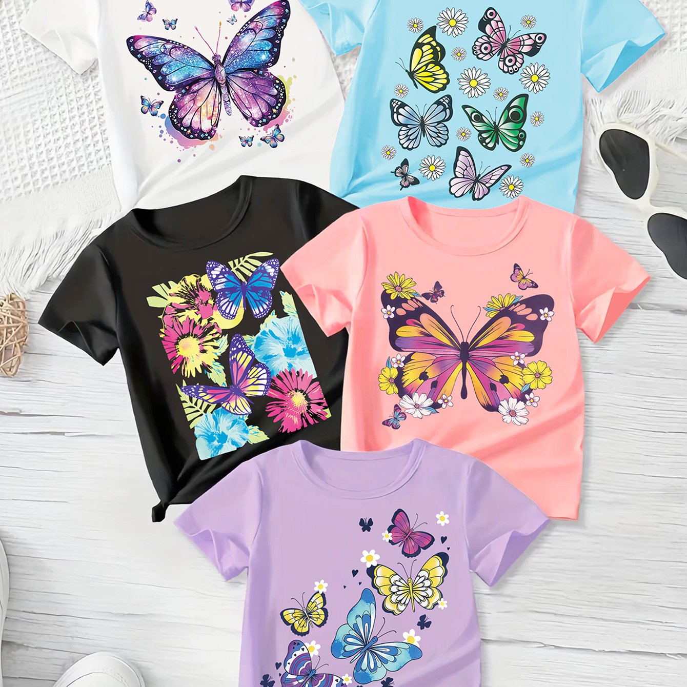 [Girls' Butterfly T-Shirt Set] 5pcs Set of Girls' New Fashionable Round Neck Short Sleeved T-shirt with Interesting Butterfly Pattern Print, Comfortable Polyester Fiber Casual Summer Top