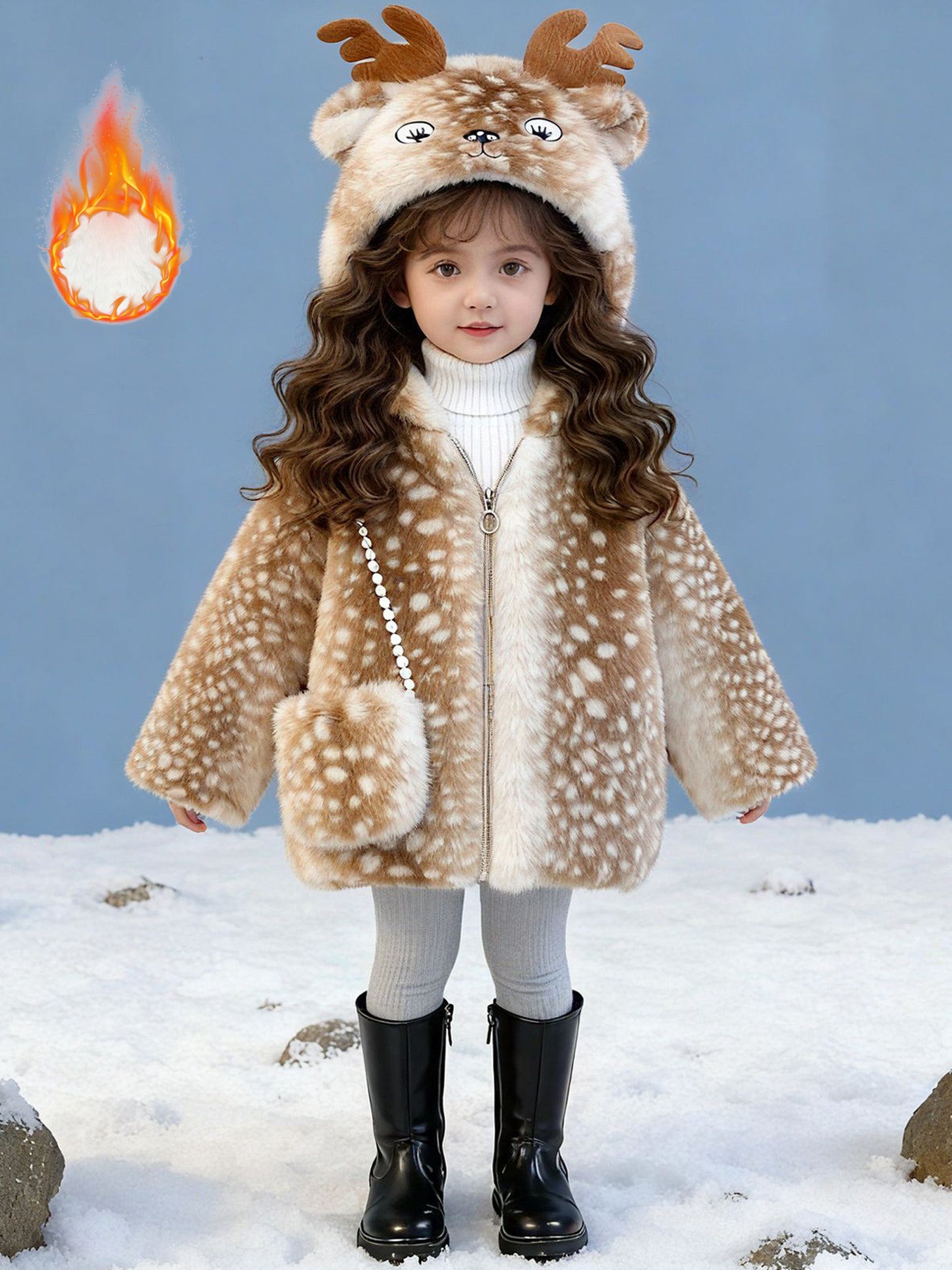 2pcs 'inter Coat & Bag Set with Antler Hat - Thickened Fleece Jacket, Hooded Collar & Plush Lining, Soft Shell, Cozy Warm Outfit for Christmas, New Year'S & Everyday Winter Wear - Stylish Holiday Gift (Solid Color, Easy-Care)