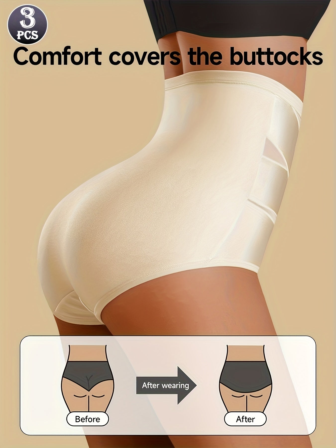 [3pcs High-Waisted Briefs] 3pcs Women's High-Waisted Cross-Strap Briefs - Breathable Comfort, Butt-Lifting Waist Cincher, Solid Color Set (Beige/White/Black), Everyday Casual Wear, Comfortable Undergarment, Simple Design, Smo