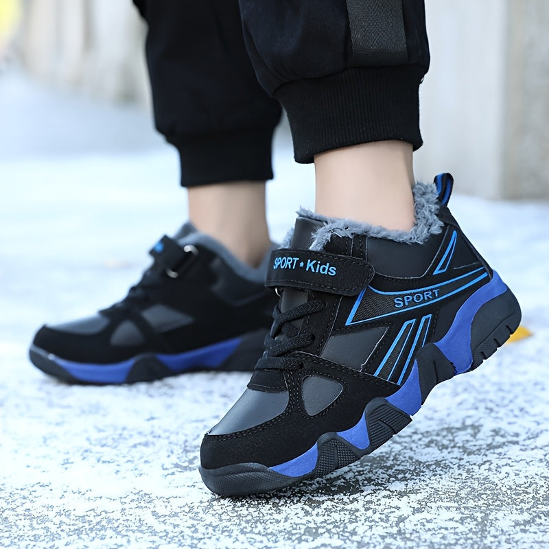 Youngsters' Winter Sports Shoes - Boys & Girls, Low-Top Lace-Up with Closure, Upper & Rubber Sole, Black with Blue Accents, Warm Fleece Lining for Outdoor Activities, Running, Hiking, Casual Wear, Winter Sports Gear | Stylish