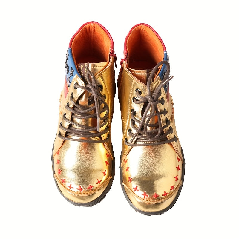 TMA EYES Women's Metal Stripe Patch Hand sewn Casual Sports Golden and Silvery Ankle Boots, Suitable for All Seasons
