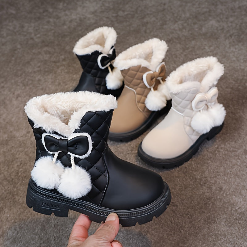 Girls' Winter Boots - Slip-On Mid-Calf Snow Boots with Plush Lining, Non-Slip Rubber Sole - Cute / Brown/ - Warm Winter Shoes for School, Playdates, Thick, Winter Boots For Girls, School Footwear, Playdate Footwear, Durable F