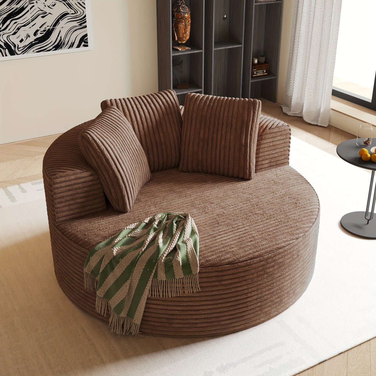 50" Oversized O-Shape Modular Boneless Chaise Couch - Plush Corduroy Fabric Sofa Bed with Ergonomic Design & Built-in Pillows, No Assembly Required, Brown Bean Bag Sleeper Sofa for Living Room, Game Room, Dorm - Easy-Clean Du