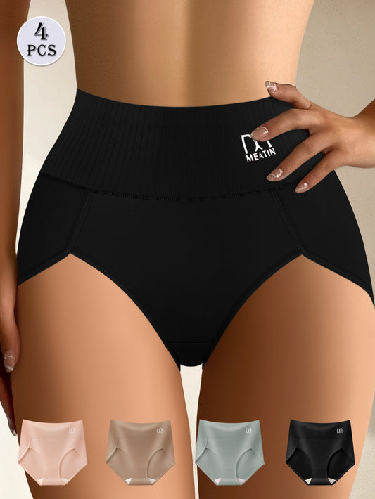 4pcs Women's Underwear Set - Tummy Control & Butt Lifting Briefs with Breathable Lace Trim, Soft & Elastic Medium Stretch, Non-Compression Mid-Rise Elegant Solid Color Daily Comfort Briefs (Black, Light Pink, Mint Green, Dark