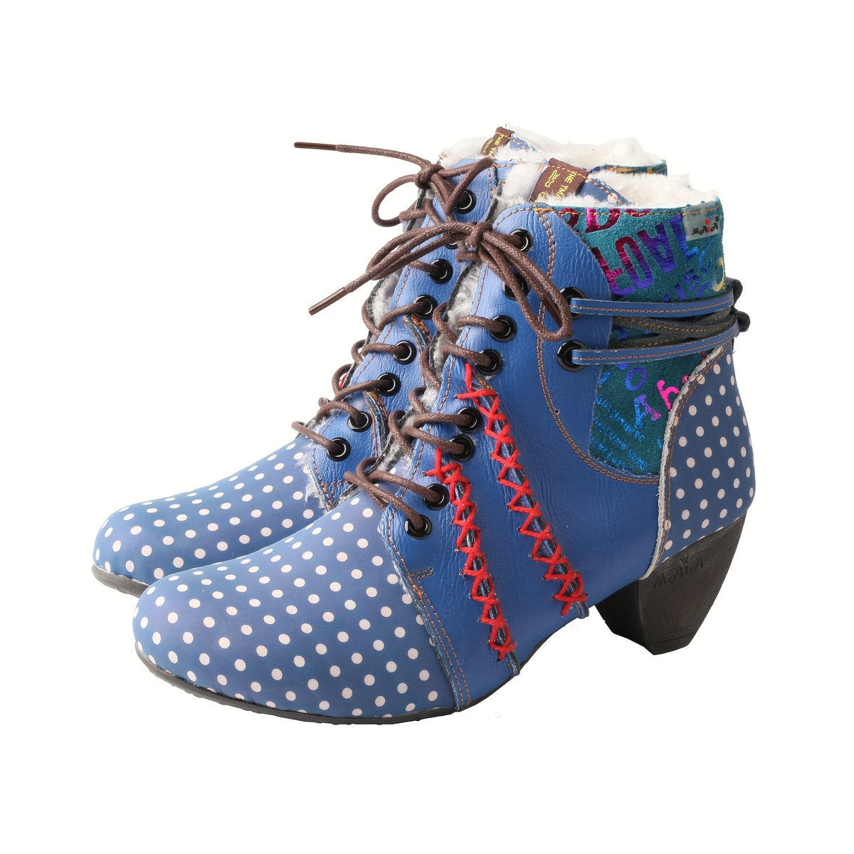 TMA EYES Polka Dot Leather Handmade Stitching Warm And Velvet Women'S Boots